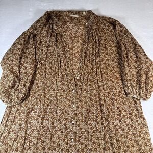 DÔEN Dress Womens Small Brown Floral Button Front Midi Belted Boho Trapeze Swing